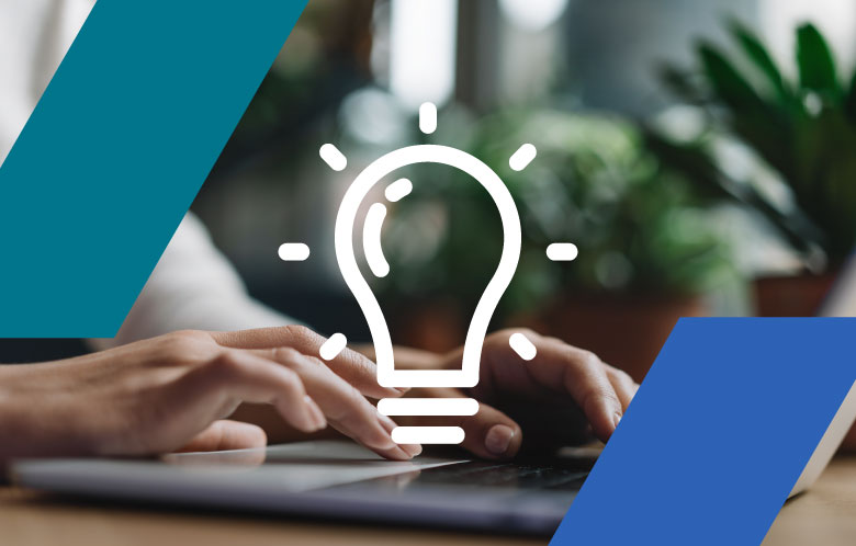 An image of a person working on a laptop with a lightbulb icon over the top. Color diagonal shapes frame the overall image