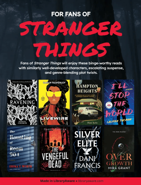Book flyer for "For Fans Of Stranger Things", including 6 book jackets of read-alikes.