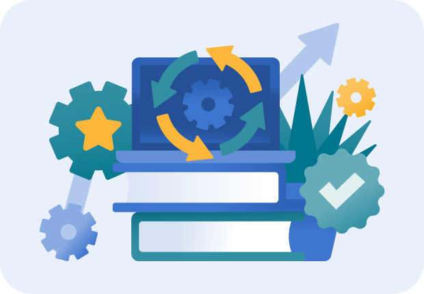 Illustration of a laptop on books. Symbols of gears, upward arrows, a checkmark and star representing efficiency and effectiveness