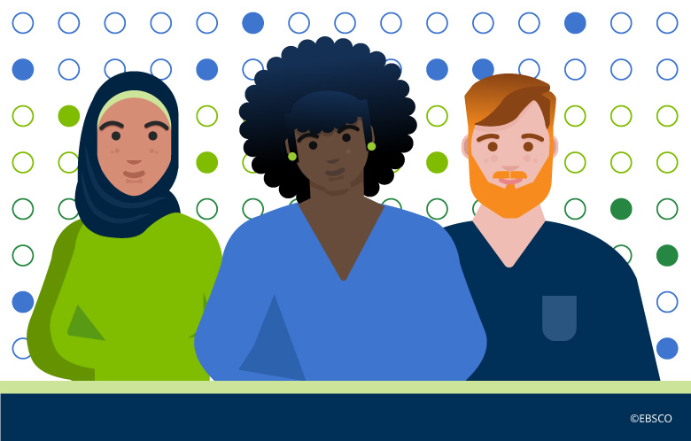 illustration of a woman wearing a hijab, an African American woman, and a middle aged man