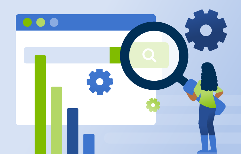 illustration of EBSCOhost UI with a user holding a magnifying glass