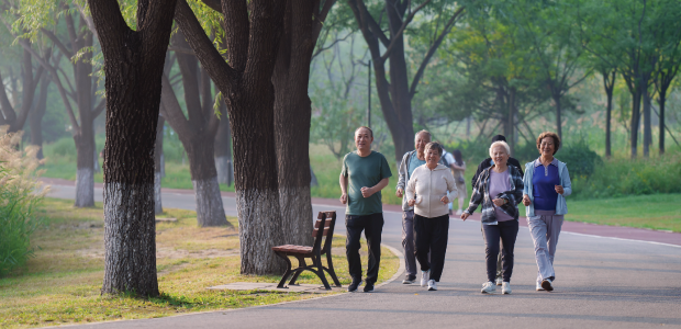 Eine Gruppe älterer Menschen beim gemeinsamen Laufen im Park