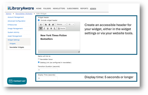 Screenshot showing how to update widget headers and change display times