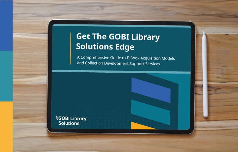 Photo of tablet with the cover of Gobi's eBrochure, Get The GOBILibrary Solutions Edge
