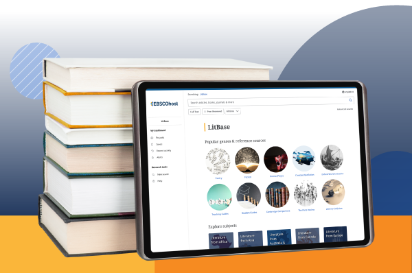 Screenshot of LitBase UI with stack of books