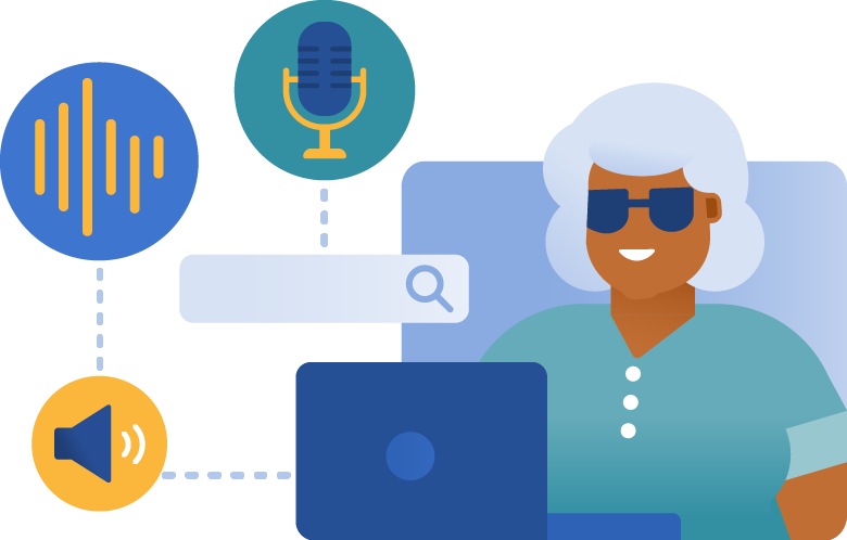 Blind woman on laptop with icons of a microphone, speaker and eye