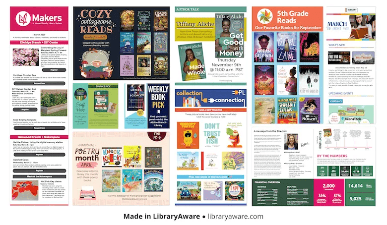Collage of samples of LibraryAware customer work