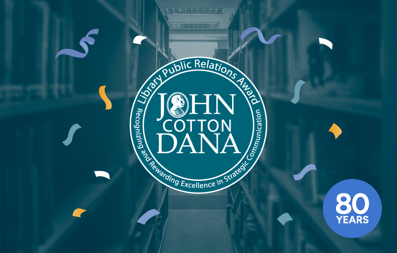 A library with John Cotton Dana emblem celebrating 80 years 