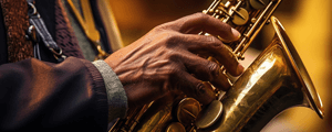 Close-up of a jazz musician playing a saxophone 