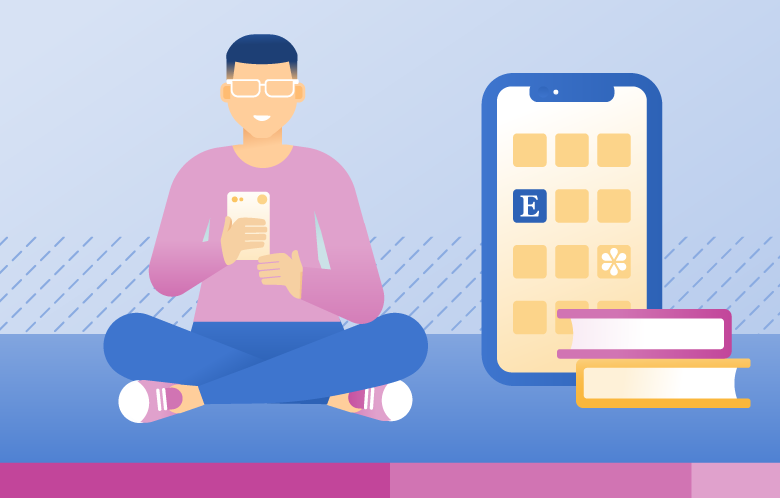 Illustration of person holding phone with EBSCO mobile mobile app and books next to them