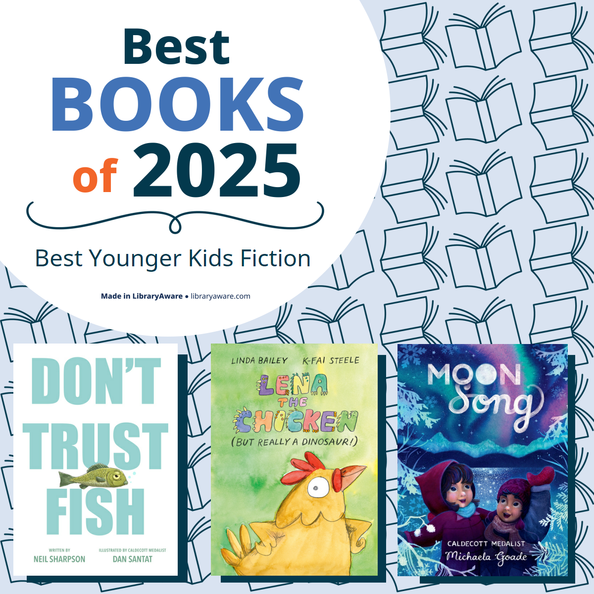 Graphic with a patterned background of open books and a white circle reading “Best Books of 2025 – Best Younger Kids Fiction.” Below are three book covers:

Don’t Trust Fish by Neil Shapson (white cover with teal text and a fish illustration).
Lena the Chicken (But Really a Dinosaur) by Linda Bailey and K-Fai Steele (green cover with a cartoon chicken).
Moon Song by Michaela Goade (dark blue cover with two figures under a glowing moon).