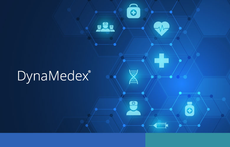 DynaMedex Logo with medical icons and tech pattern