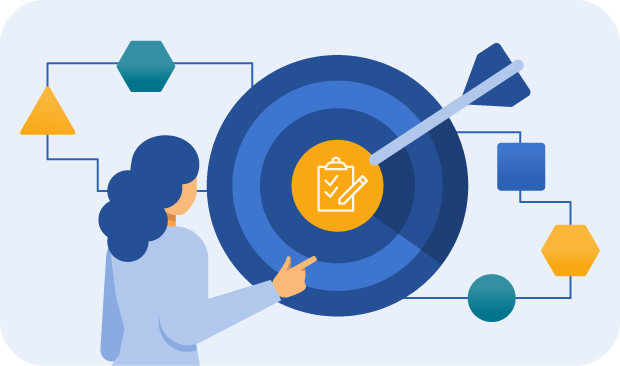 Illustration of a character pointing at a target. In the center of the target is a checklist. Colorful shape icons surround it