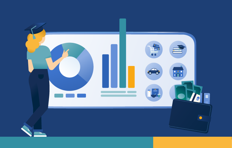 Illustration of student wearing graduation cap pointing at charts and icons in phone with wallet
