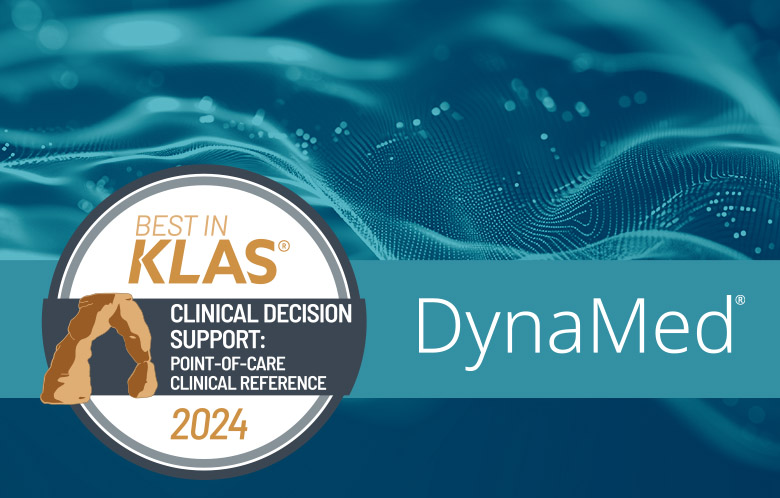 navy and teal swirling pattern with the Best in KLAS badge for Clinical Decision Support Point-of-Care Clinical Reference 2024 and the DynaMed logo