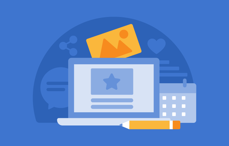 A blue and yellow illustration of a laptop surrounded by blog iconography 