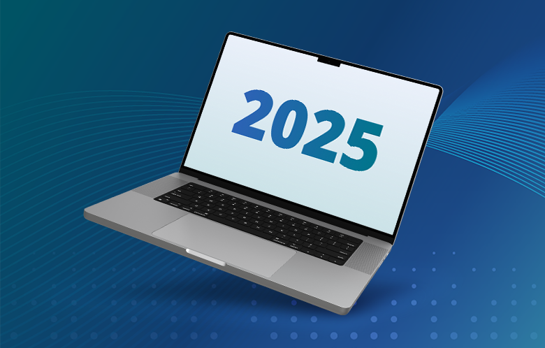 2025 in a laptop with a gradient, patterned background
