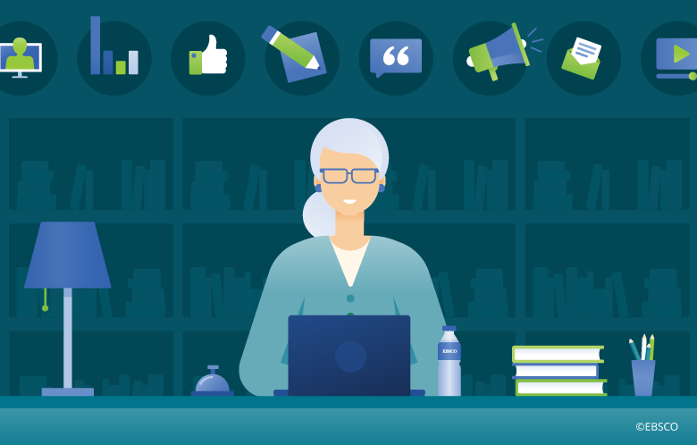 Illustration of female librarian sitting at a desk using a laptop with 8 marketing icons above her