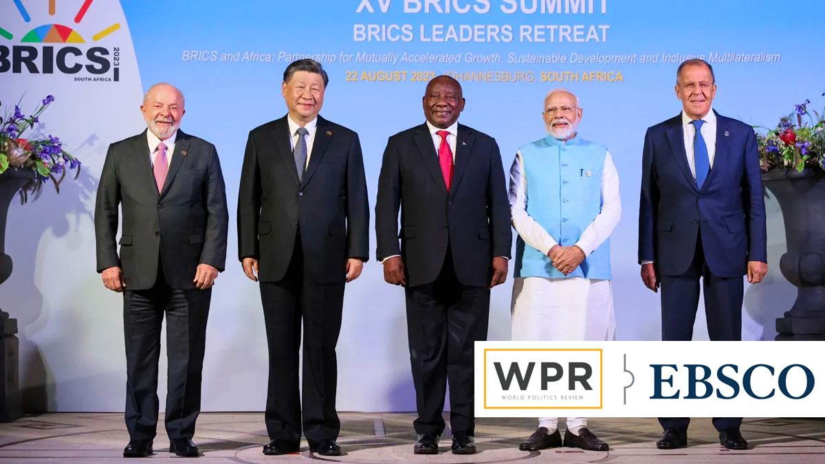 Brazilian President Luiz Inacio Lula da Silva, Chinese President Xi Jinping, South African President Cyril Ramaphosa, Indian Prime Minister Narendra Modi and Russian Foreign Minister Sergey Lavrov pose for a photo at the BRICS summit in Johannesburg, South Africa, Aug. 22, 2023. (Russian Foreign Ministry Press Service photo via AP Images).