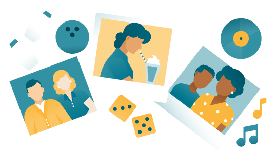 Illustration of old polaroid photos, bowling pins and ball, dice, music notes and a record. 