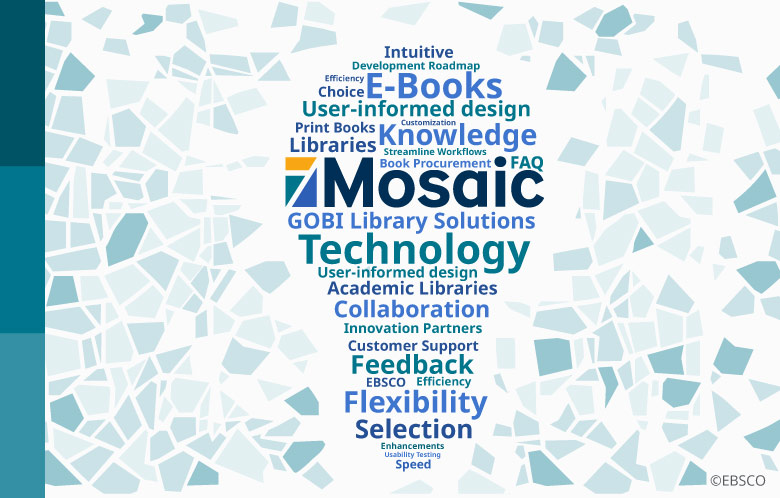 Illustration of a word cloud shaped like a lightbulb, surrounded by mosaic tiles, with the Mosaic logo in the middle.