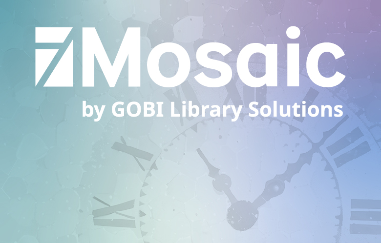 Mosaic logo on top of a mosaic pattern with a clock in the bottom