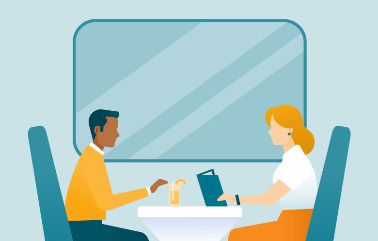 Illustration of two passengers aboard the Library SaaS Express