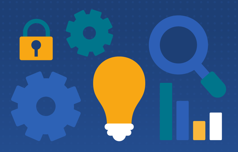Illustration of gears, lock, lightbulb, magnifying glass, and chart