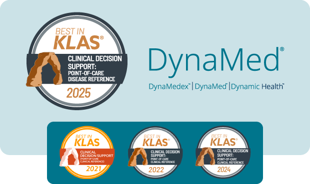 Best in KLAS 2025 Badge for DynaMed (DynaMedex | DynaMed | Dynamic Health). Best in KLAS badges from 2021, 2022, 2024