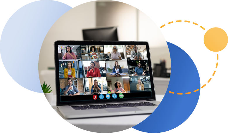 Laptop on desk showing video call of 12 coworkers