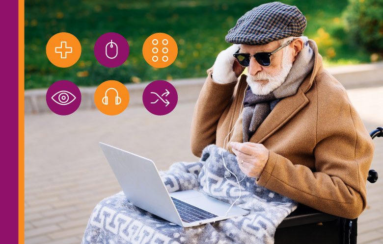 Elderly man wearing sunglasses and sitting outside in a wheelchair with a blanket over his lap and looking at a laptop computer and holding earbuds with 6 Accessibility Icons.