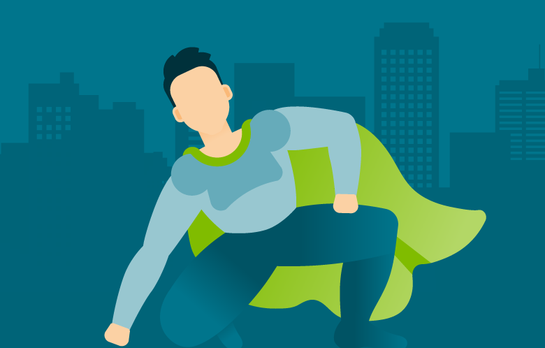 An illustrated superhero kneeling in a green cape