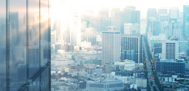 City skyline with tall skyscrapers