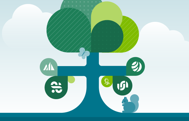 Illustration of tree with SaaS logos, squirrel, butterfly and clouds in background