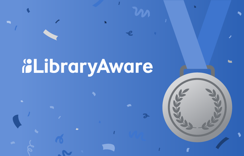 Platinum medal with libraryAware logo, and confetti 