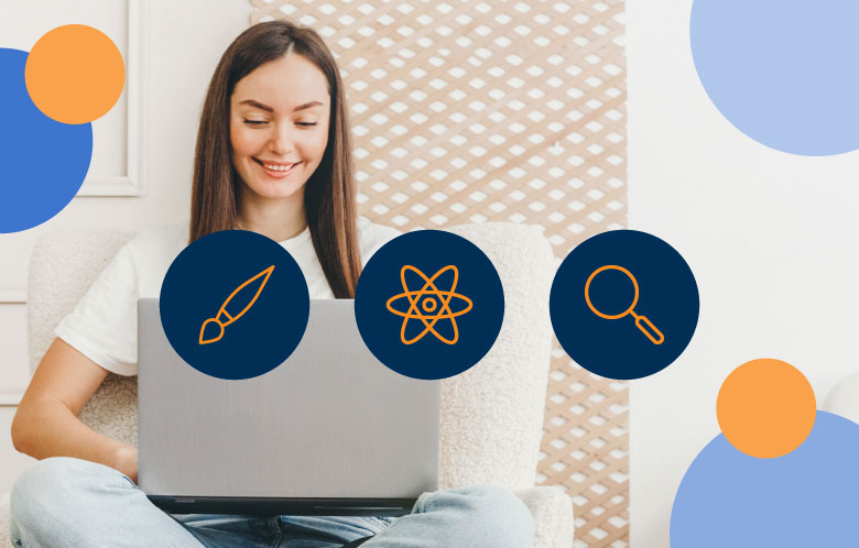 Female student working on a laptop. Colorful overlapping circles in the background with 3 icons in the center representing: Art, Science, and Research