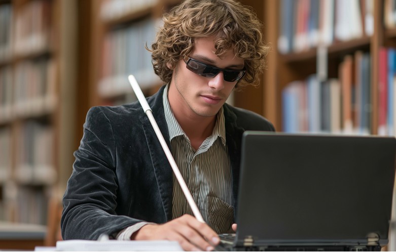 Person sitting at a desk in a library, using a laptop. The individual is wearing a dark blazer over a striped shirt and holding a white cane, suggesting accessibility accommodations. Bookshelves filled with books are visible in the background.