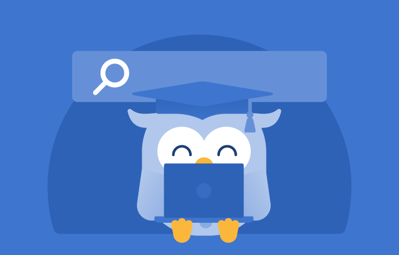 Ebby with a laptop and a search bar