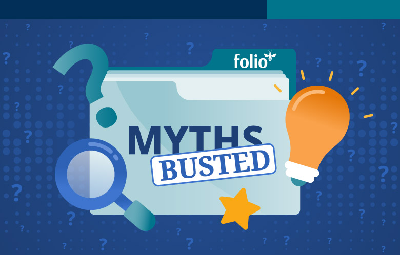 FOLIO Myths Busted. Illustration of a folder, magnifying glass, lightbulb, question mark and star