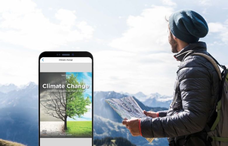 screenshot of ebsco mobile app over an image of a man reading a map