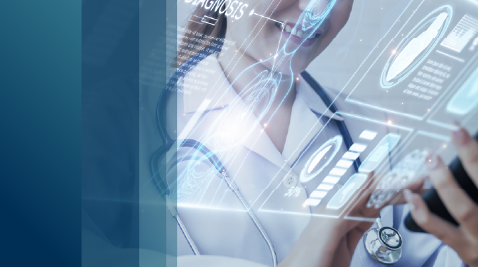 image of a medical professional on a phone with an overlay of x-rays and graphs 