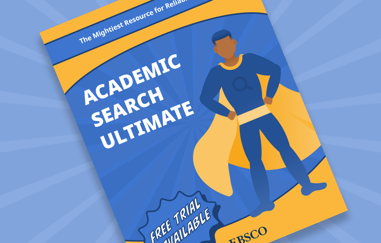 A front page of an illustrated Academic Search Ultimate comic book featuring a superhero wearing a cape