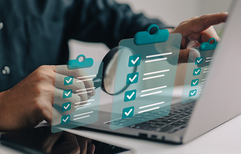 Person on laptop with check lists overlaying
