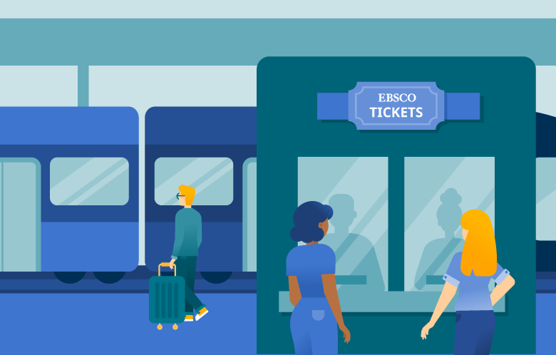 Illustration with people at a train station who buy tickets for the EBSCO train and board the train