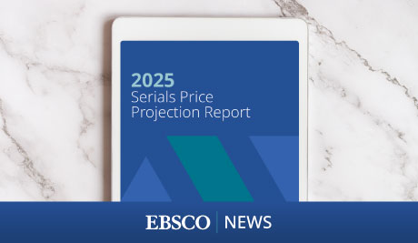 Tablet showing 2025 Serials Price Projection Report [EBSCO | News]