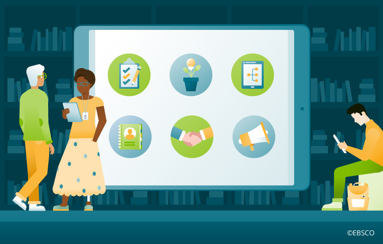 Illustration of 2 librarians talking and a person reading in front of tablet with 6 icons and bookshelves