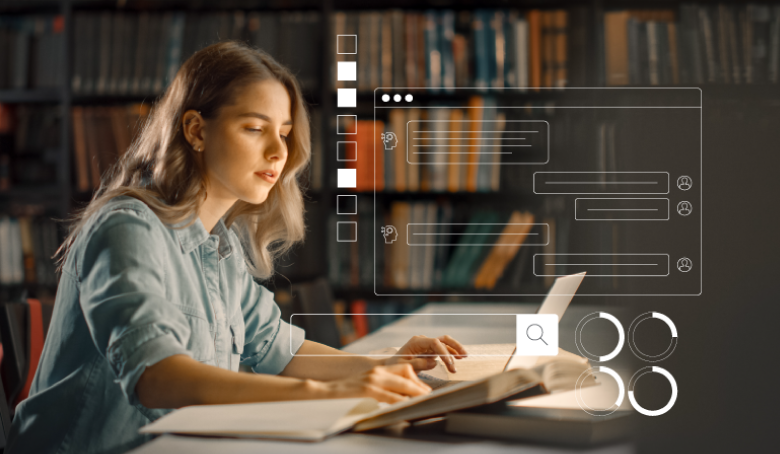 Female student in a library working on laptop with AI illustrations layered on top of the photo