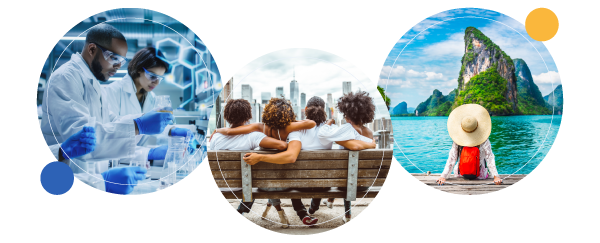 three circle images representing Science News, Jet, and Travel and Leisure