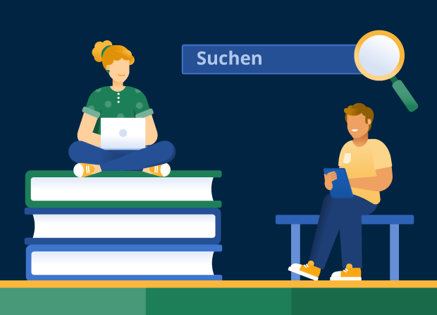 Illustration mit einer Studierenden, die auf einem übergroßen Bücherstapel sitzt und einen Laptop benutzt, und einem Nutzer, der auf einer Bank sitzt und ein Tablet bedient; darüber eine Suchleiste mit Lupe