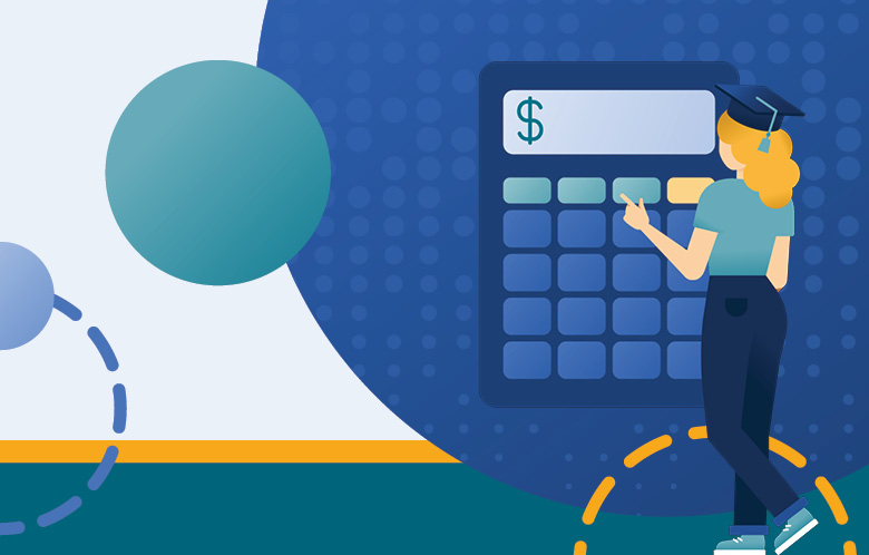 Illustration of student wearing a graduation cap pointing at an oversized calculator with circles